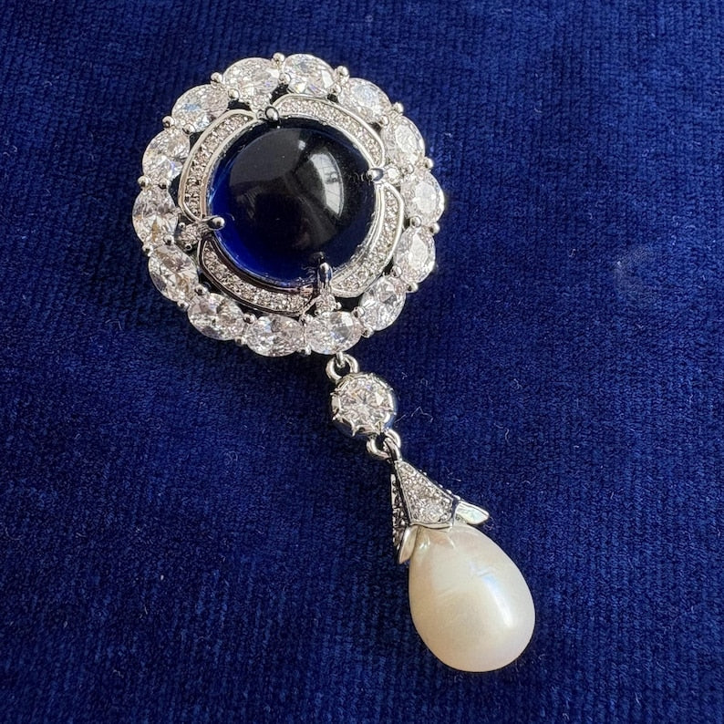Something Blue Sapphire Classic Brooch Blue Gemstone Cubic Zirconia 14K White Gold P. Freshwater Drop Pearl Brooch Blue Diamond Bridal Pin