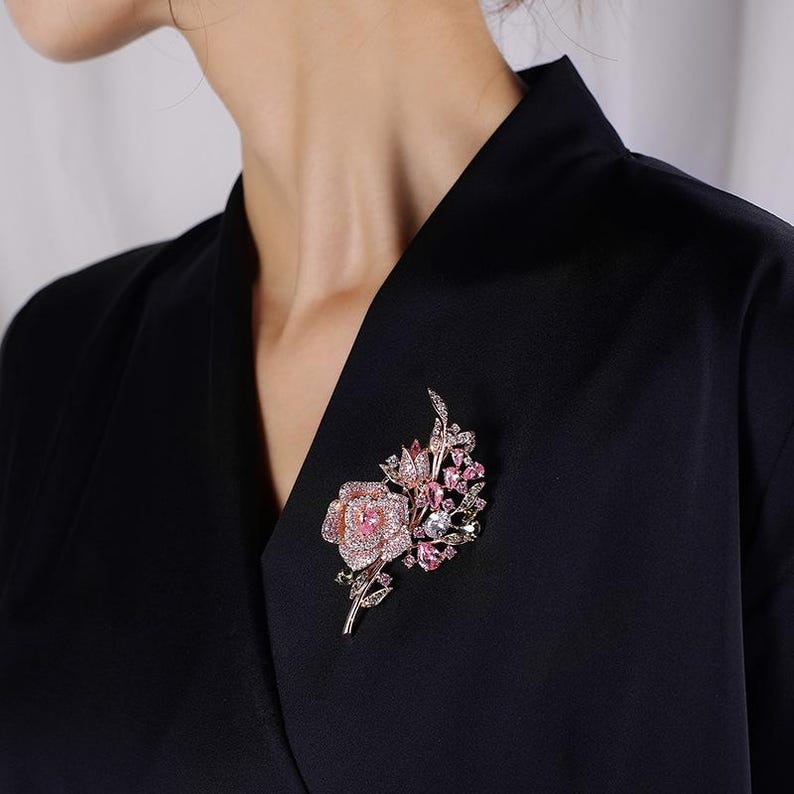 Rose copper zircon brooch for women rhinestone rose bloom brooches
