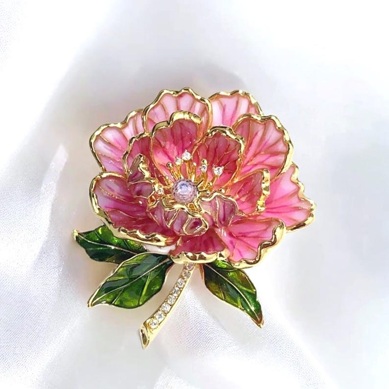 Red peony brooch, zircon inlaid copper brooch gift green oil dripping leaves
