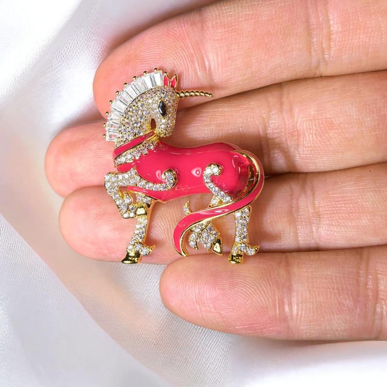 Vintage Unicorn Brooch Sparkling Crystal Pink Unicorn Jewelry