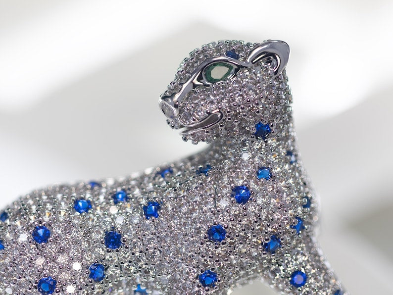 Cubic Zirconia Panther Brooch • White Gold Plated Big Cat Leopard Pin