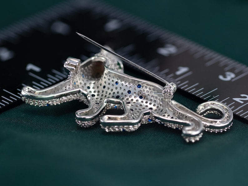 Cubic Zirconia Panther Brooch • White Gold Plated Big Cat Leopard Pin