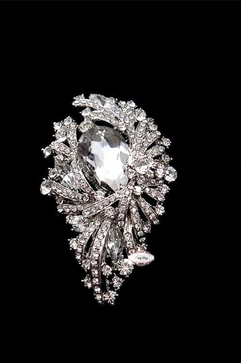 Grande Broche en Strass : Ornement de Bouquet de Mariée en Platine Antique