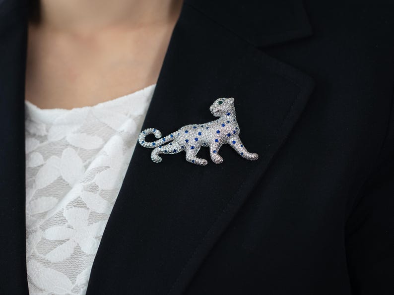 Cubic Zirconia Panther Brooch • White Gold Plated Big Cat Leopard Pin