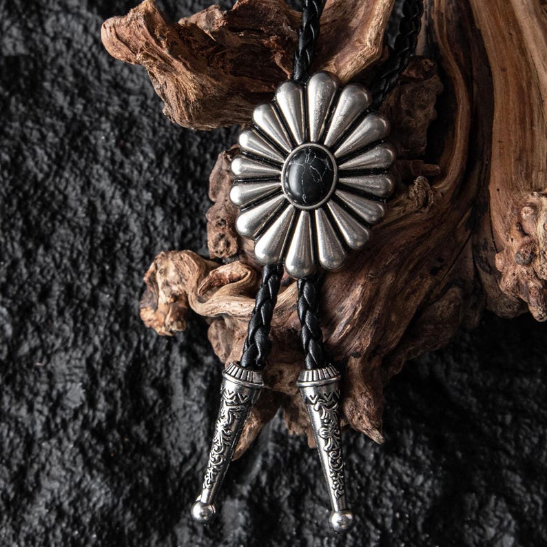 Floral Bolo Tie Necklace: Silver-Style Flower, Leather Cord, Man-Cut Gemstone