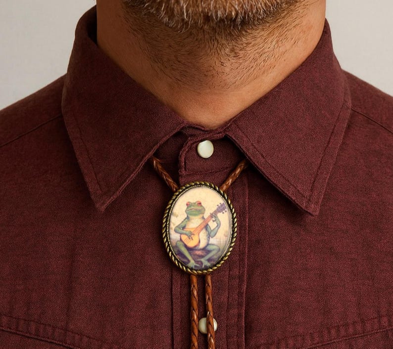 Banjo Frog Bolo Tie: Western Leather Necktie, Country Music Gift