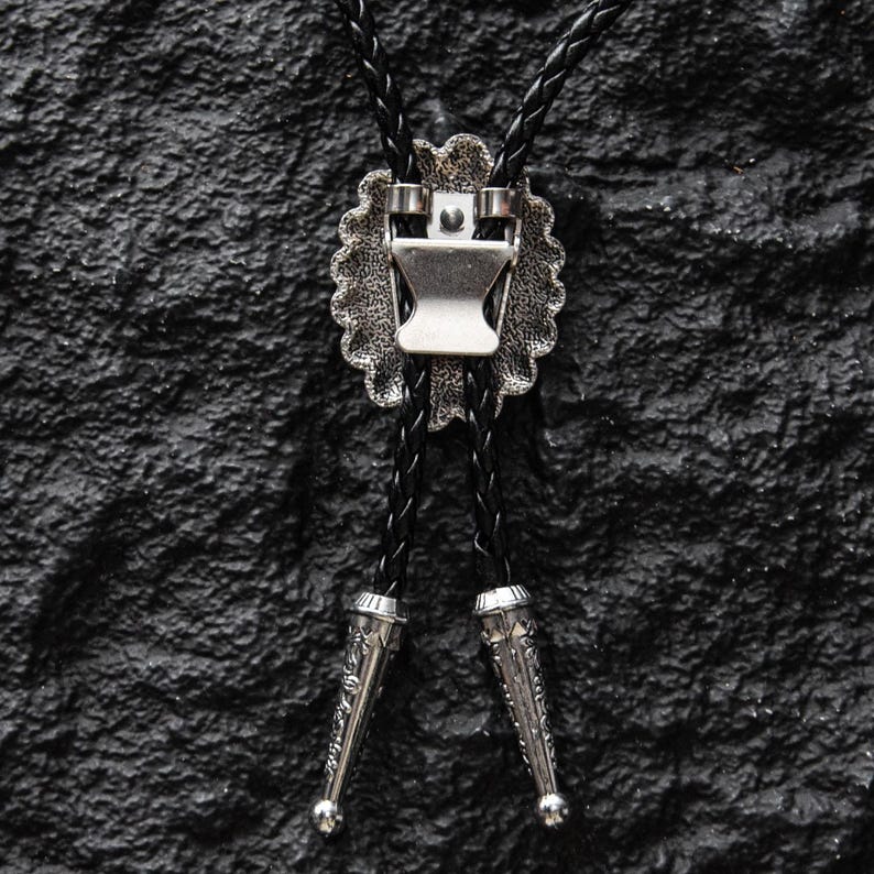 Floral Bolo Tie Necklace: Silver-Style Flower, Leather Cord, Man-Cut Gemstone