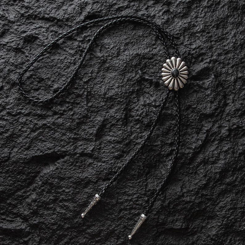 Floral Bolo Tie Necklace: Silver-Style Flower, Leather Cord, Man-Cut Gemstone