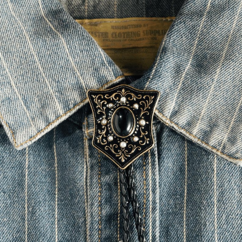 Victorian Shield Bolo Tie with Black Onyx and Pearls: Antique Gold Cowboy Wedding Necktie