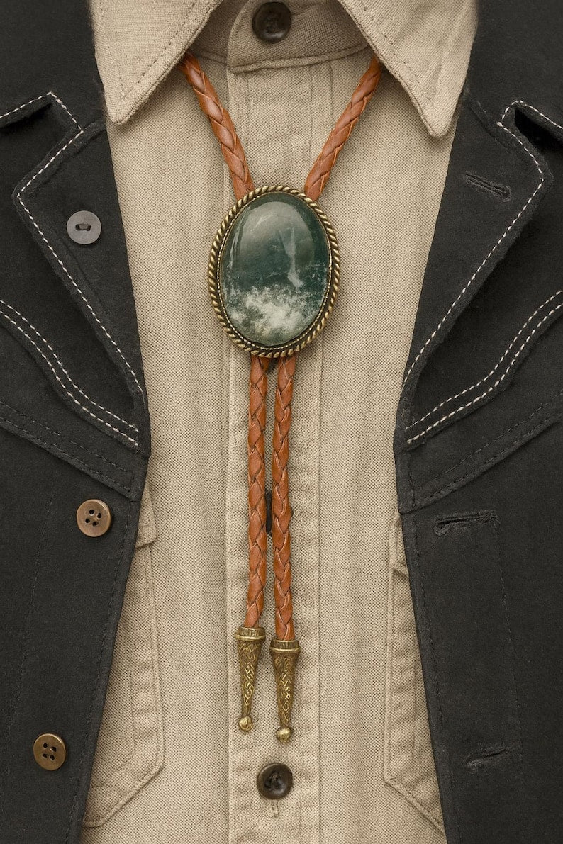 Green Stone Bolo Tie : Antique Gold Leather Cowboy Necktie, Southwestern Style