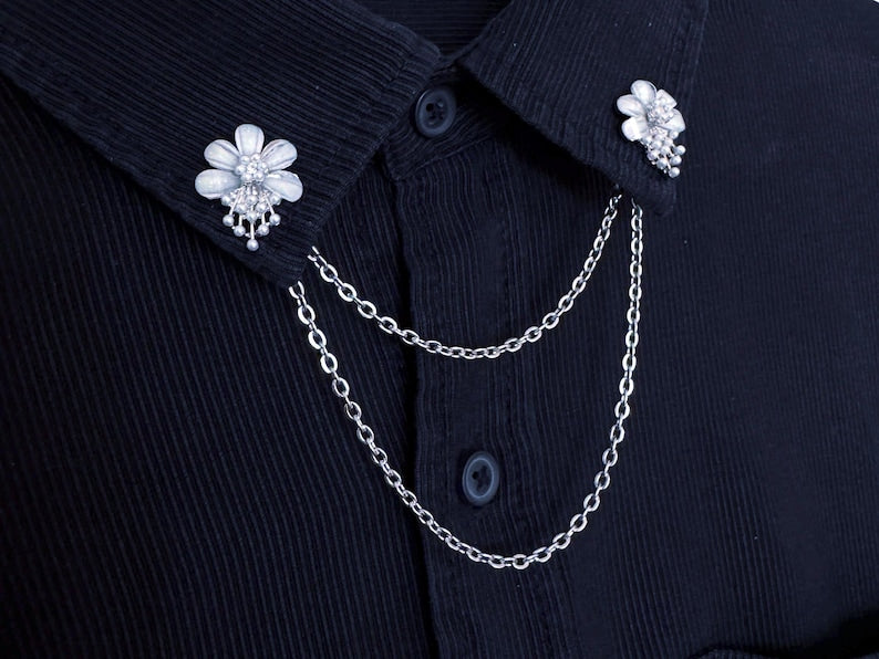 Collar Pins for Women – Elegant Floral Lapel Pin with Double Chain – Korea Style Pin