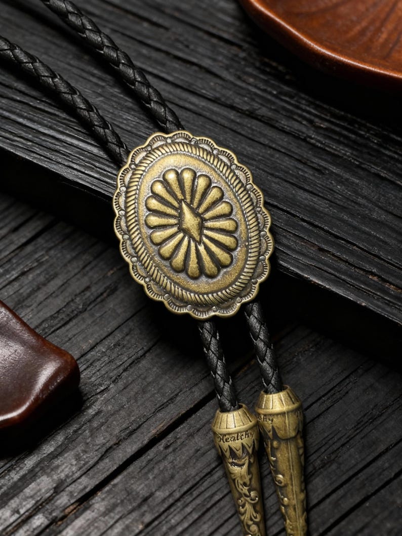 Concho cowboy bolo tie for mens, Antique Floral Engraved brown bolo tie for mens wedding, Cowboy Wedding Groomsmen Gift for him