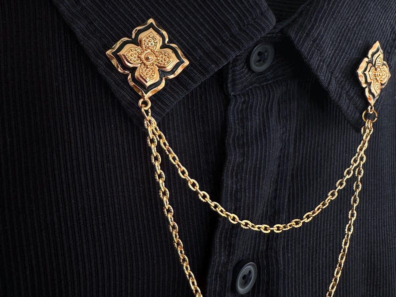 Handmade Gold & Black Flower Collar Chain Pin for Women | Vintage Style Shirt Collar Clip