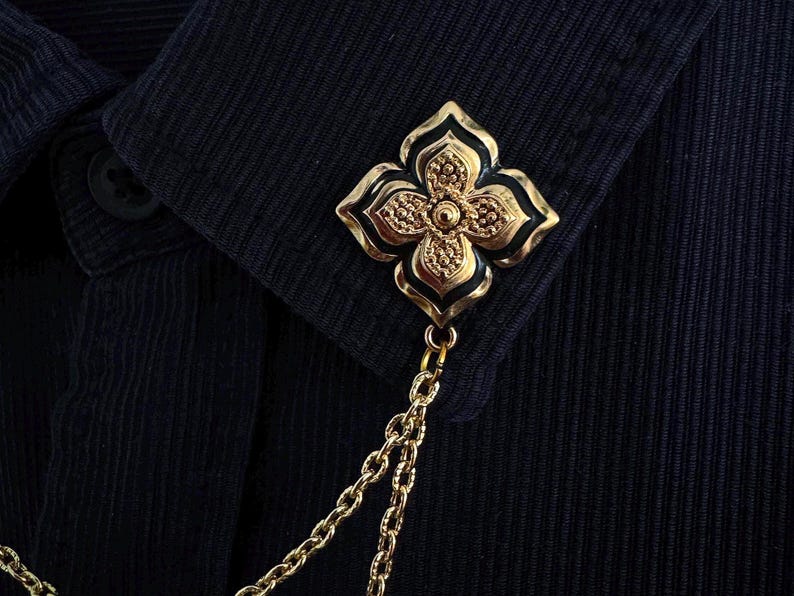 Handmade Gold & Black Flower Collar Chain Pin for Women | Vintage Style Shirt Collar Clip
