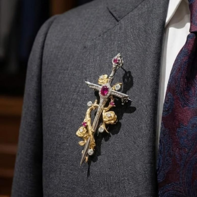 Cross & Rose Sword Brooch - Gemstone Accented Statement Pin