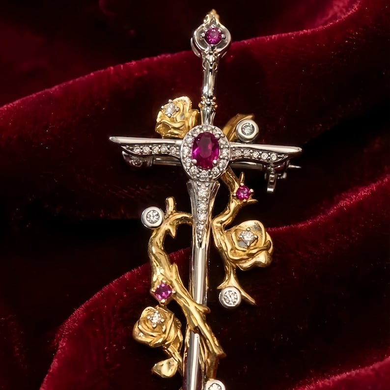 Cross & Rose Sword Brooch - Gemstone Accented Statement Pin