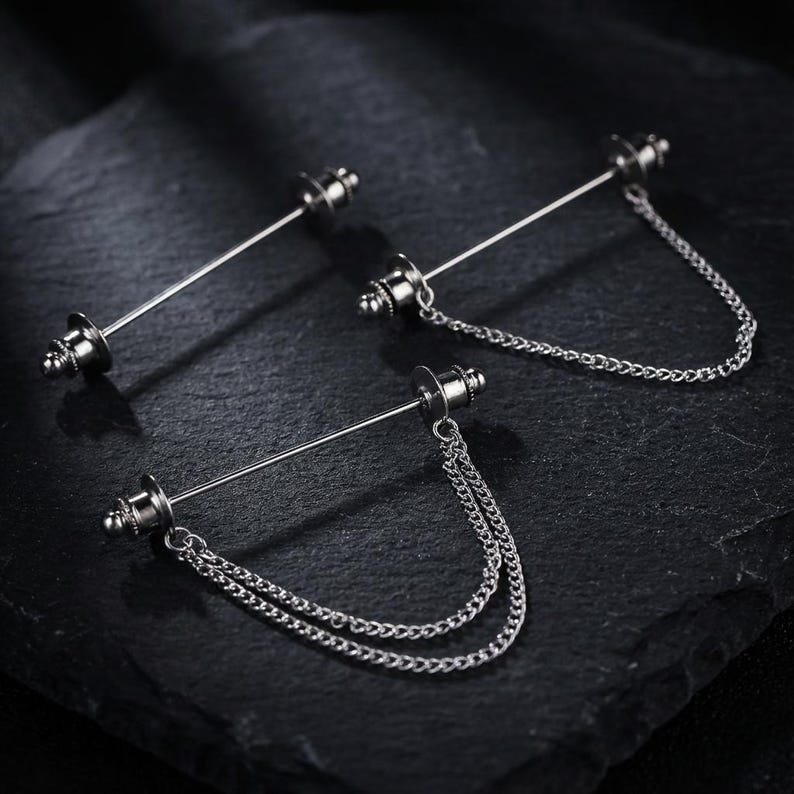 Broche à double chaîne, épingle de revers de costume, ensemble broche-chaîne de col de chemise et de manteau, broche de chemise, broche de revers, cadeau pour homme, cadeau de témoin.