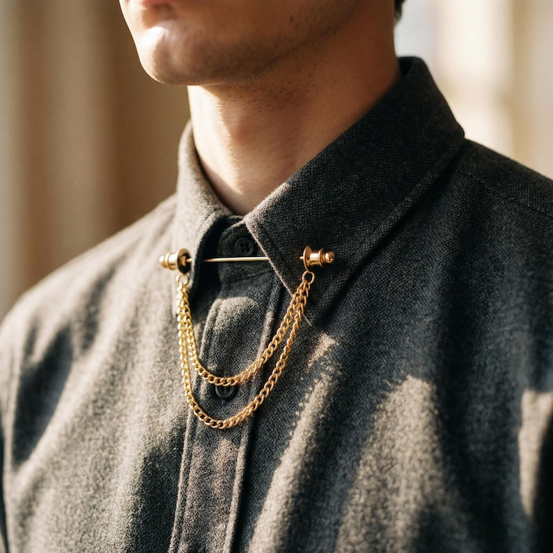 Broche à double chaîne, épingle de revers de costume, ensemble broche-chaîne de col de chemise et de manteau, broche de chemise, broche de revers, cadeau pour homme, cadeau de témoin.