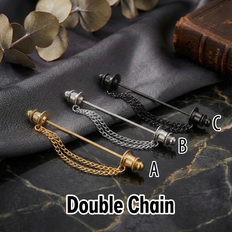 Broche à double chaîne, épingle de revers de costume, ensemble broche-chaîne de col de chemise et de manteau, broche de chemise, broche de revers, cadeau pour homme, cadeau de témoin.