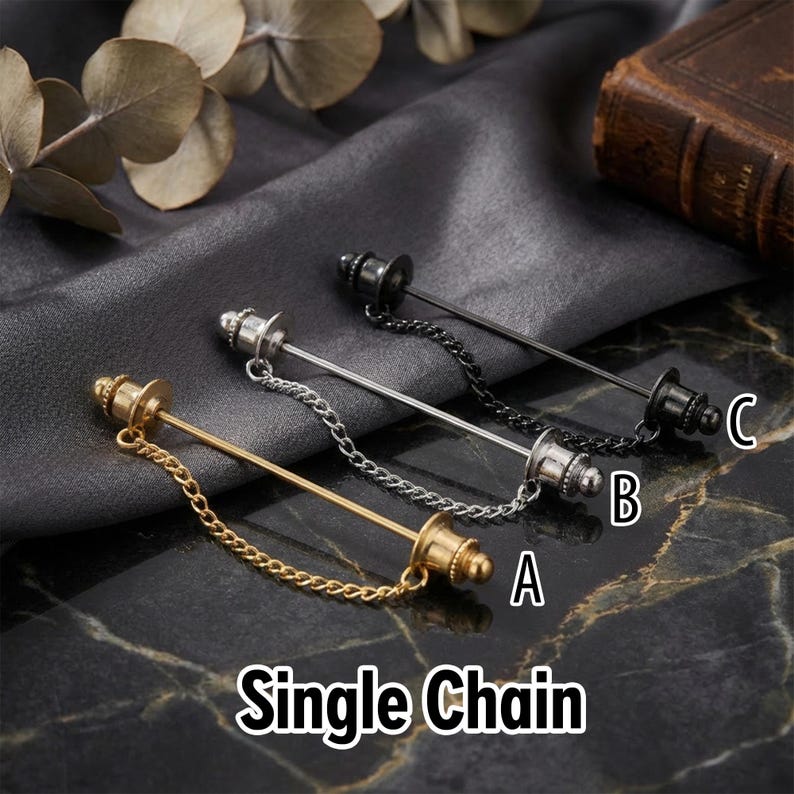 Broche à double chaîne, épingle de revers de costume, ensemble broche-chaîne de col de chemise et de manteau, broche de chemise, broche de revers, cadeau pour homme, cadeau de témoin.