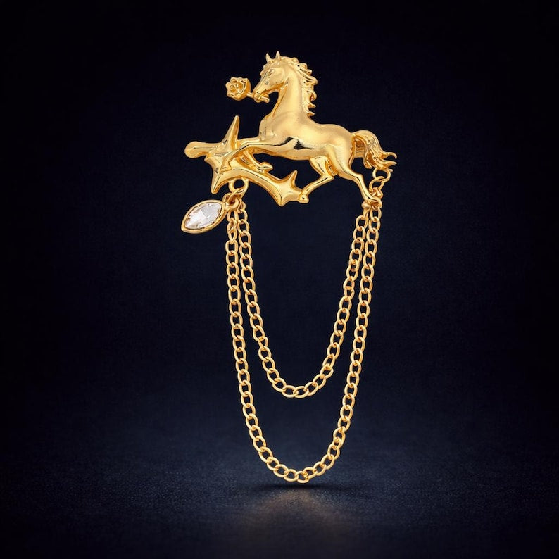 Broche de costume Pégase avec chaîne – Alliage de zinc doré pour homme, cadeau pour lui
