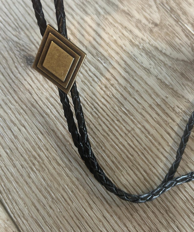 Antique Gold Diamond Bolo Tie : Black Leather Cord Cowboy Necktie