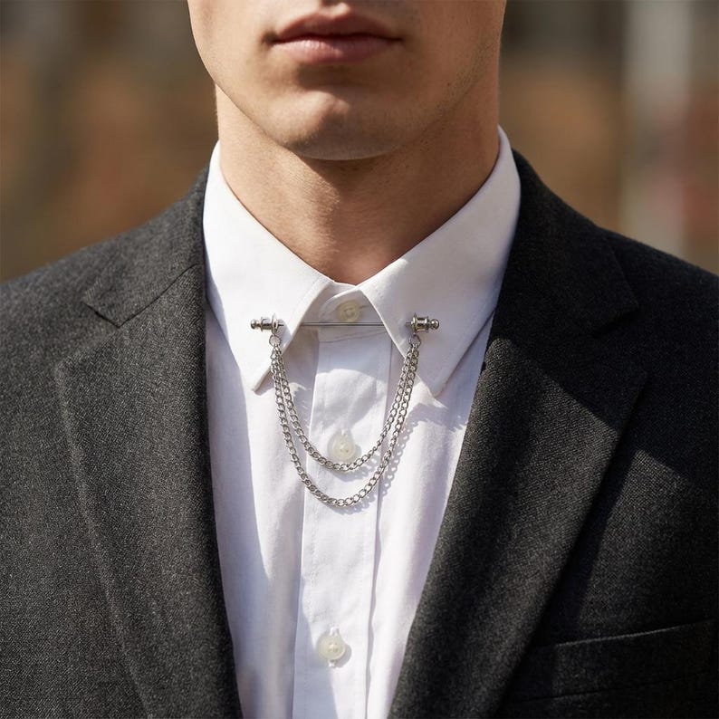 Broche à double chaîne, épingle de revers de costume, ensemble broche-chaîne de col de chemise et de manteau, broche de chemise, broche de revers, cadeau pour homme, cadeau de témoin.