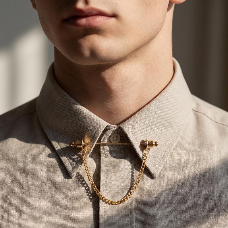 Broche à double chaîne, épingle de revers de costume, ensemble broche-chaîne de col de chemise et de manteau, broche de chemise, broche de revers, cadeau pour homme, cadeau de témoin.