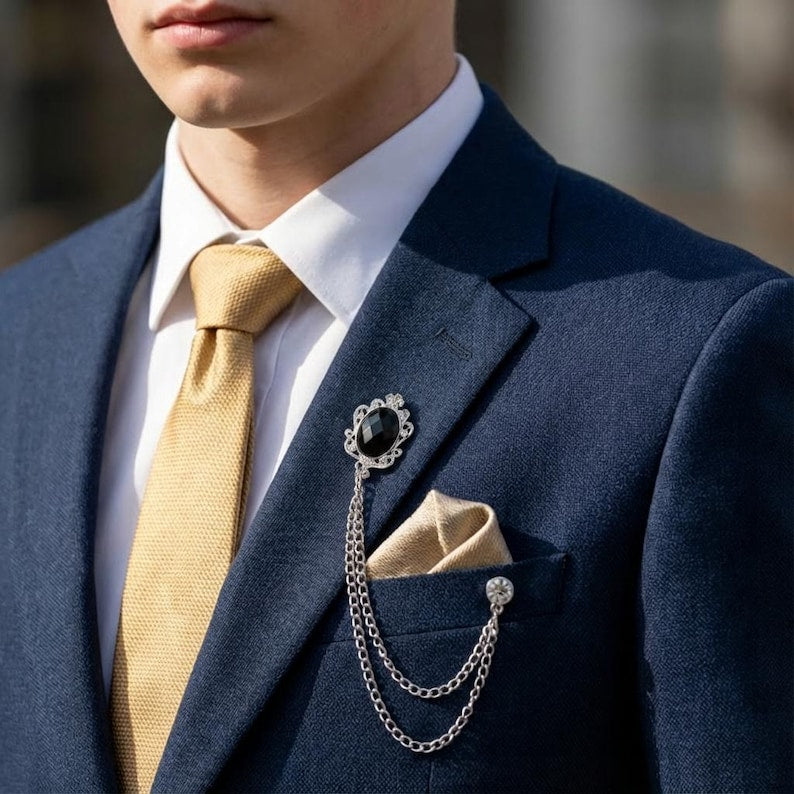 Chrysoberyl brooches,Chrysoberyl suit lapel brooches, coat lapel chain pins, men's brooches, wedding jewelry accessories