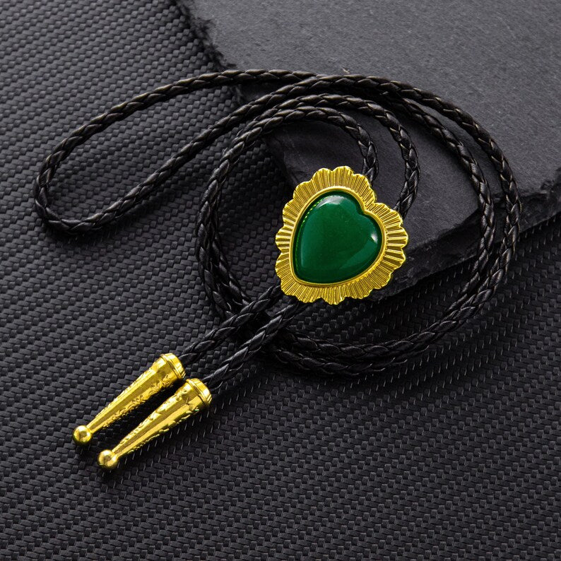 Bolo Tie, Bolo Tie Cœur Fait Main, Bolo Ties pour Couples, Bolo Ties Western en Pierres Roses et Vertes, Colliers pour Couples