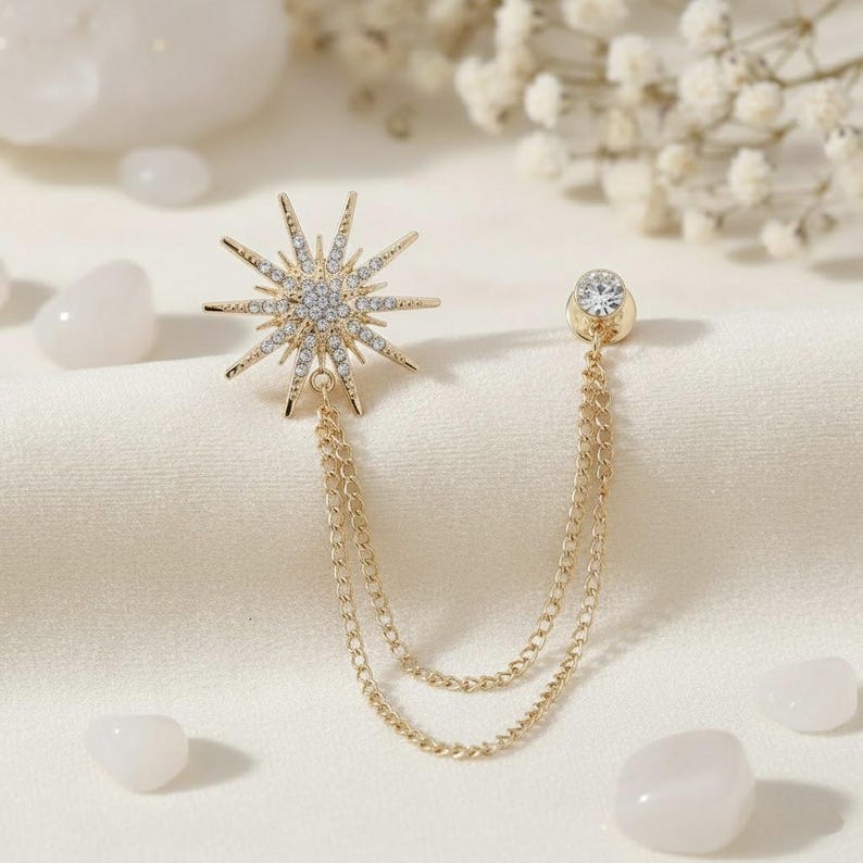 Gold Star Chain Lapel Pin – Business Suit Brooch