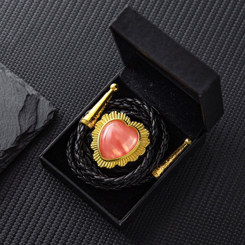 Bolo Tie, Bolo Tie Cœur Fait Main, Bolo Ties pour Couples, Bolo Ties Western en Pierres Roses et Vertes, Colliers pour Couples