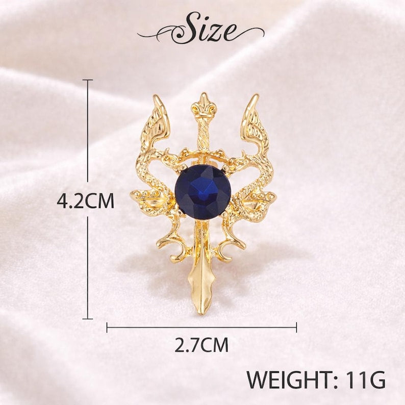 Gold Sword Lapel Pin with Blue Gem – Zinc Alloy Plated Brooch