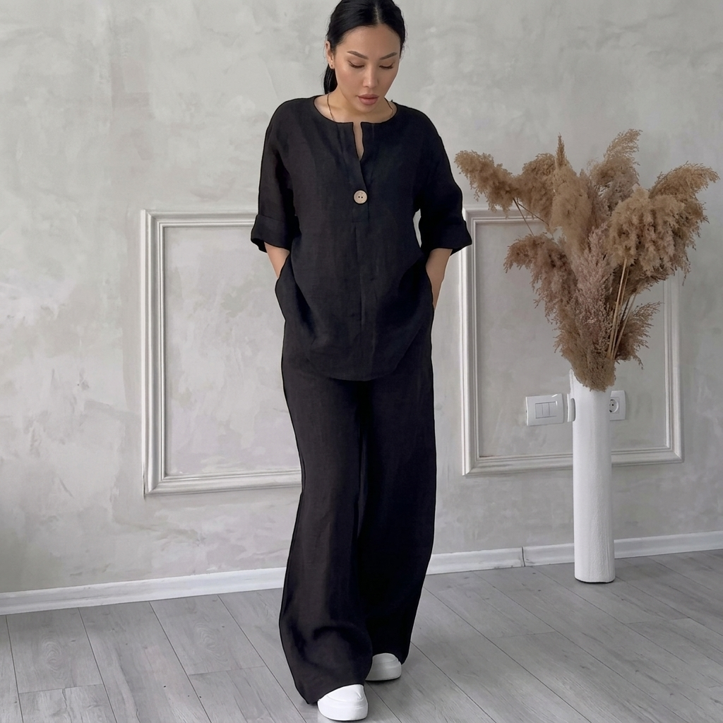 Ensembles deux pièces en mélange de lin pour femme – Haut surdimensionné à col en V et bouton unique, et pantalon à jambes larges, ensemble décontracté d'été pour la détente