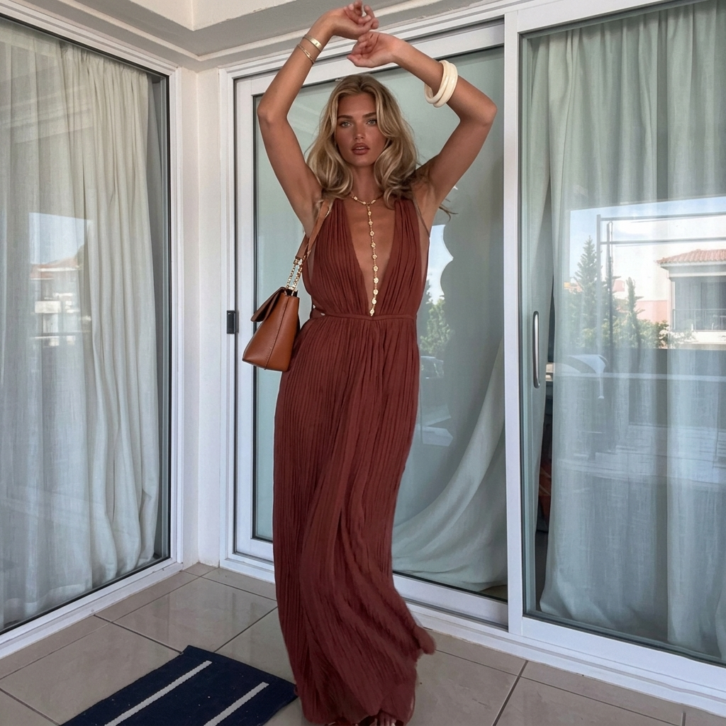 Women's Sexy Deep V-Neck Pleated Maxi Dress – Sleeveless Backless Long Dress for Summer Beach, Elegant Evening Party Sundress