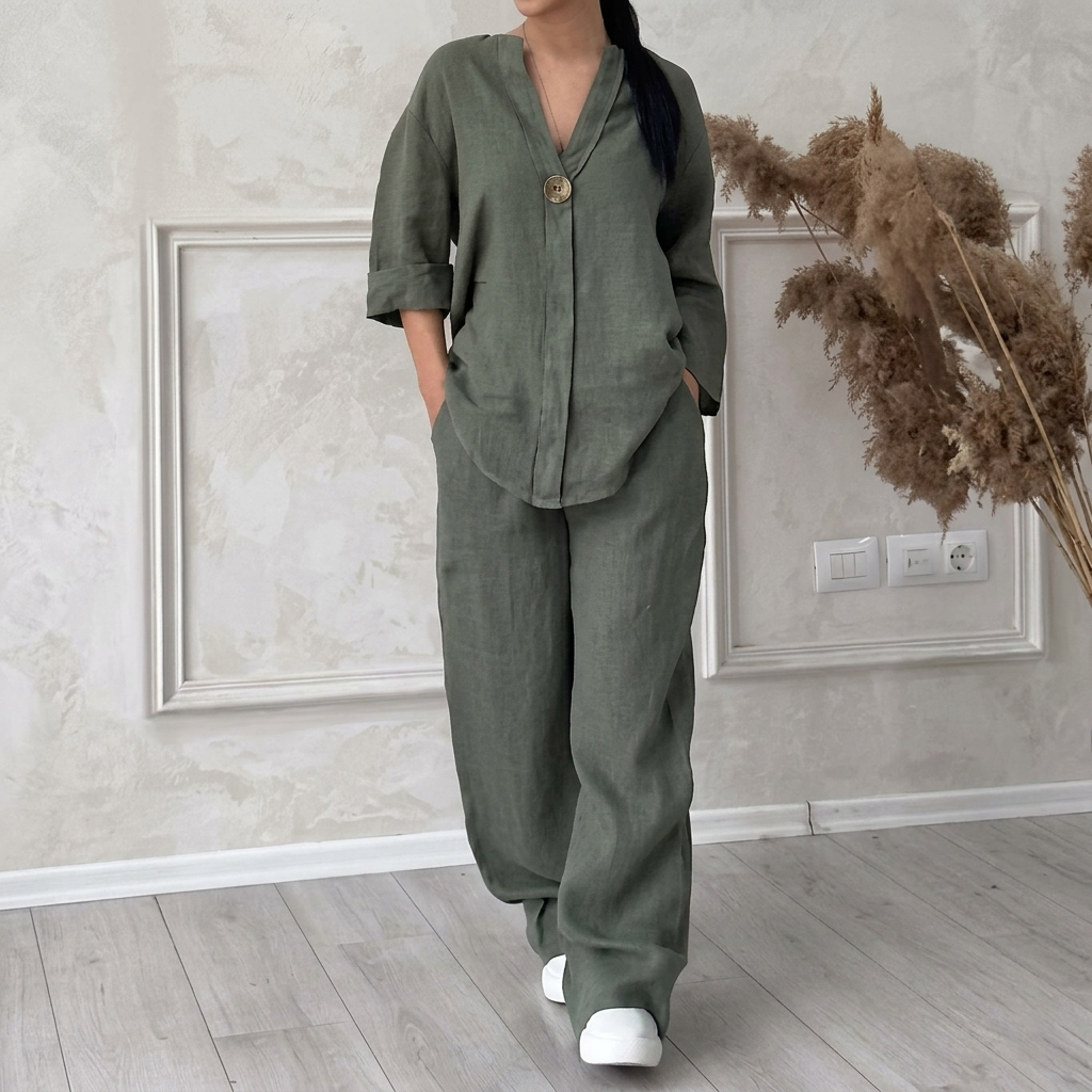 Ensembles deux pièces en mélange de lin pour femme – Haut surdimensionné à col en V et bouton unique, et pantalon à jambes larges, ensemble décontracté d'été pour la détente