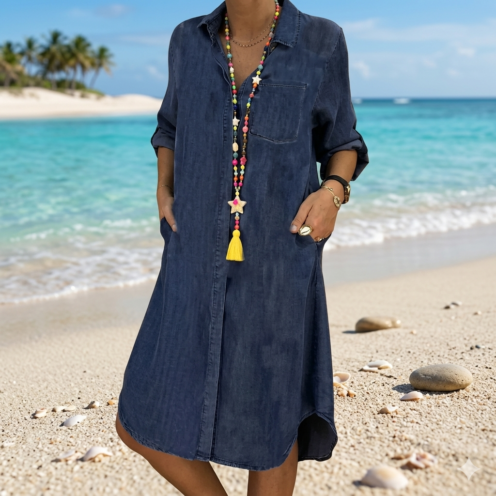 Western Boho Denim Shirt Dress for Women Chic Oversized Jean Tunic, Button-Up Summer Beach Dress with Side Pockets