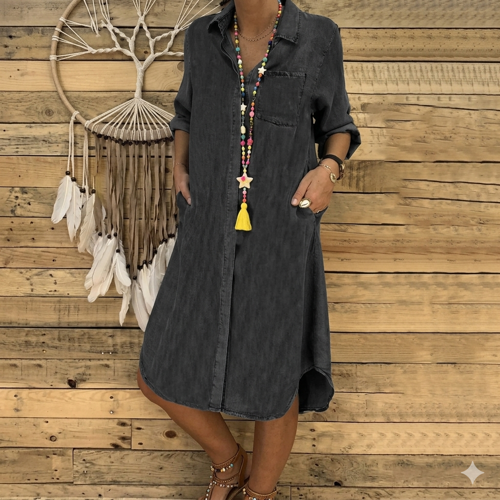 Western Boho Denim Shirt Dress for Women Chic Oversized Jean Tunic, Button-Up Summer Beach Dress with Side Pockets