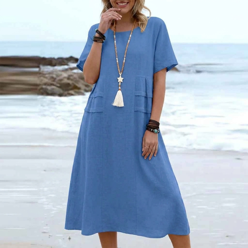 Boho Chic Blue Summer Dress for Women – Elegant Round Neck Tiered Tunic Dress, Breezy Minimalist Resort Wear Midi Gown