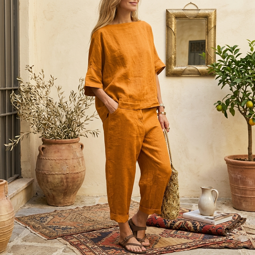 Ensembles deux pièces en lin pour femmes – Haut tunique à col bateau et manches courtes et pantalon large court, ensemble coordonné décontracté pour l'été et les vacances