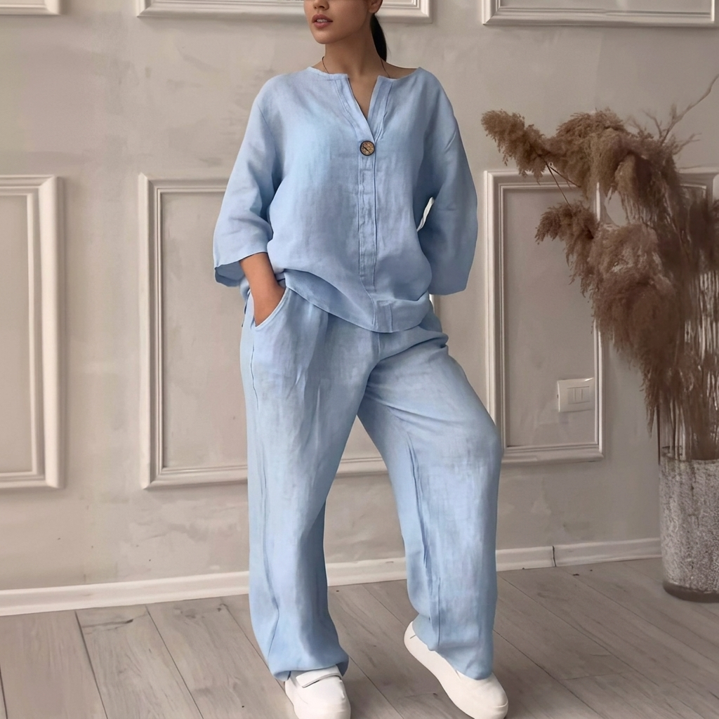 Ensembles deux pièces en mélange de lin pour femme – Haut surdimensionné à col en V et bouton unique, et pantalon à jambes larges, ensemble décontracté d'été pour la détente