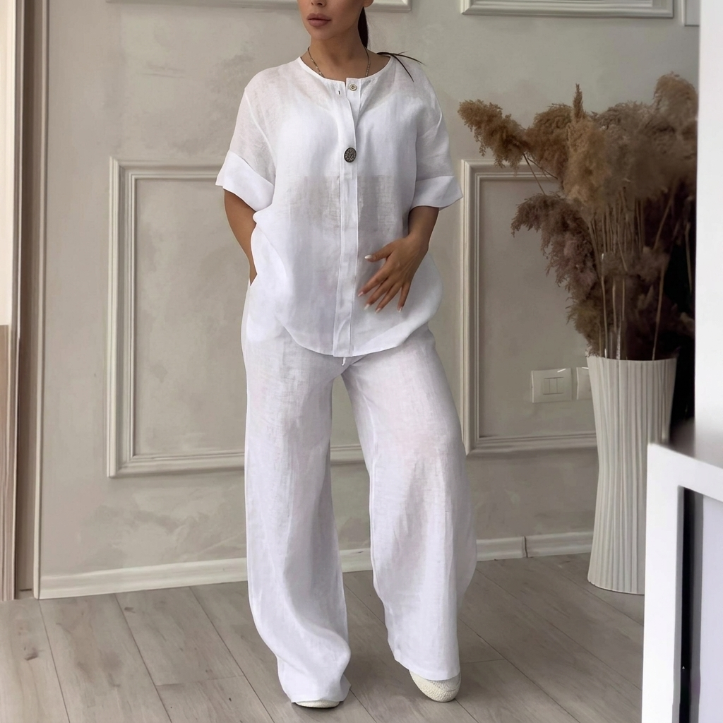Ensembles deux pièces en mélange de lin pour femme – Haut surdimensionné à col en V et bouton unique, et pantalon à jambes larges, ensemble décontracté d'été pour la détente
