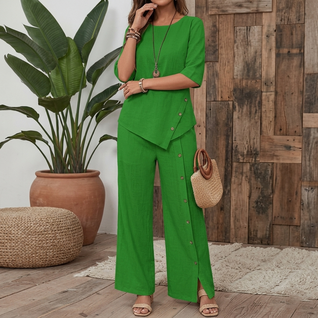 Ensembles deux pièces en mélange de lin pour femmes – Haut asymétrique à manches courtes et pantalon large à fentes latérales boutonnées, ensemble décontracté de vacances d'été