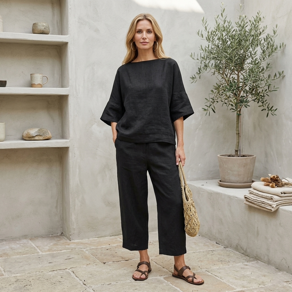Ensembles deux pièces en lin pour femmes – Haut tunique à col bateau et manches courtes et pantalon large court, ensemble coordonné décontracté pour l'été et les vacances