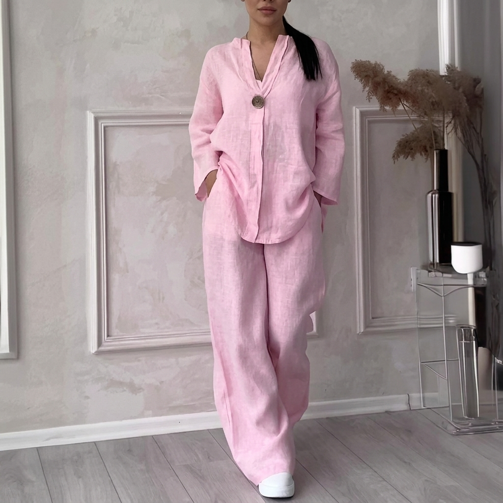 Ensembles deux pièces en mélange de lin pour femme – Haut surdimensionné à col en V et bouton unique, et pantalon à jambes larges, ensemble décontracté d'été pour la détente