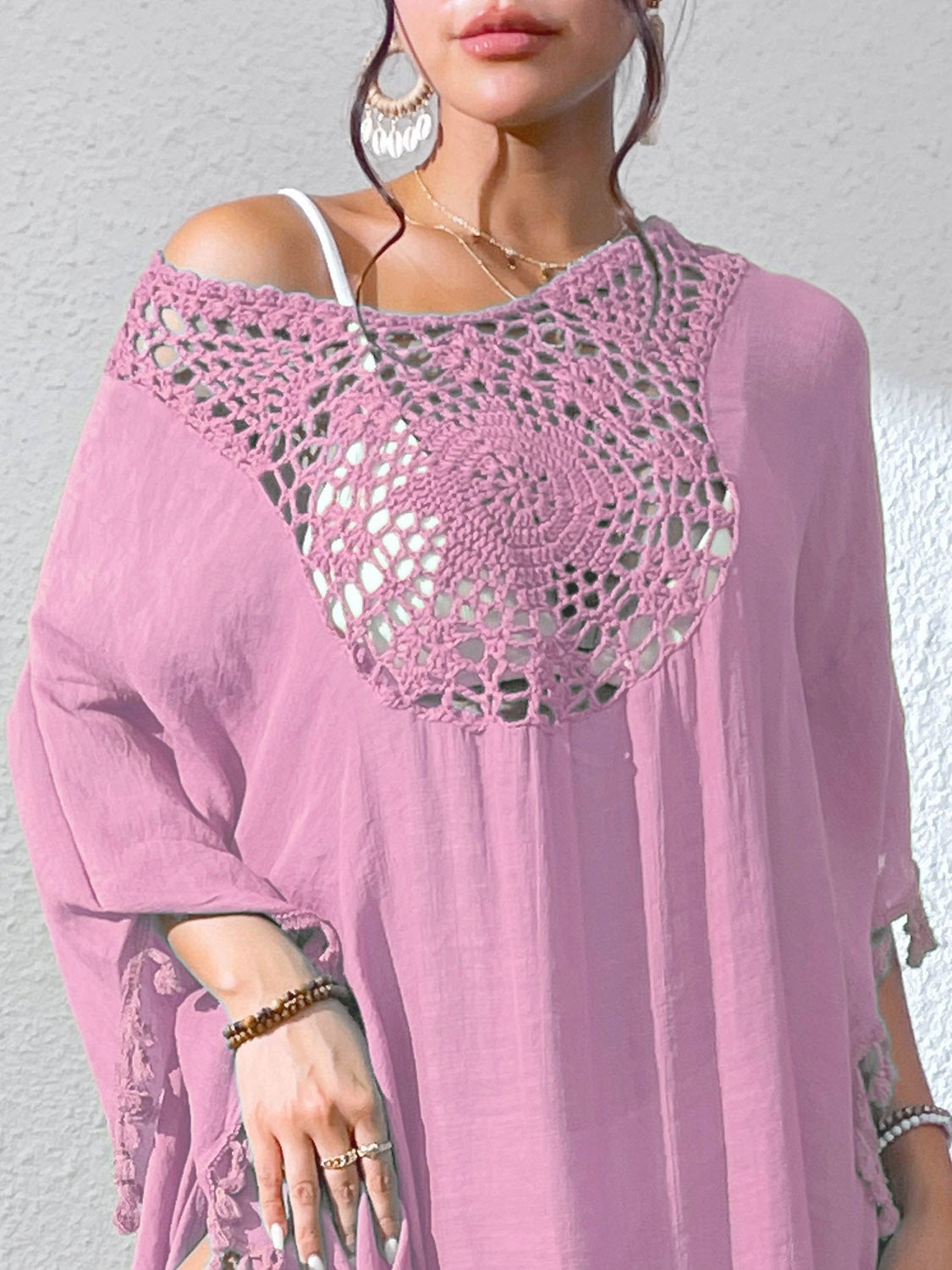 PromiseGift Caftan bohème en crochet et dentelle - Cache-maillot de plage blanc à pompons
