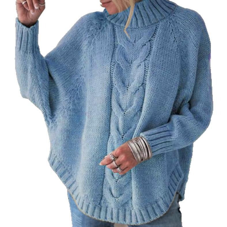 Elegant Cable Knit Mock Neck Poncho Sweater - Batwing Sleeve Slouchy Loose Pullover Plus Size