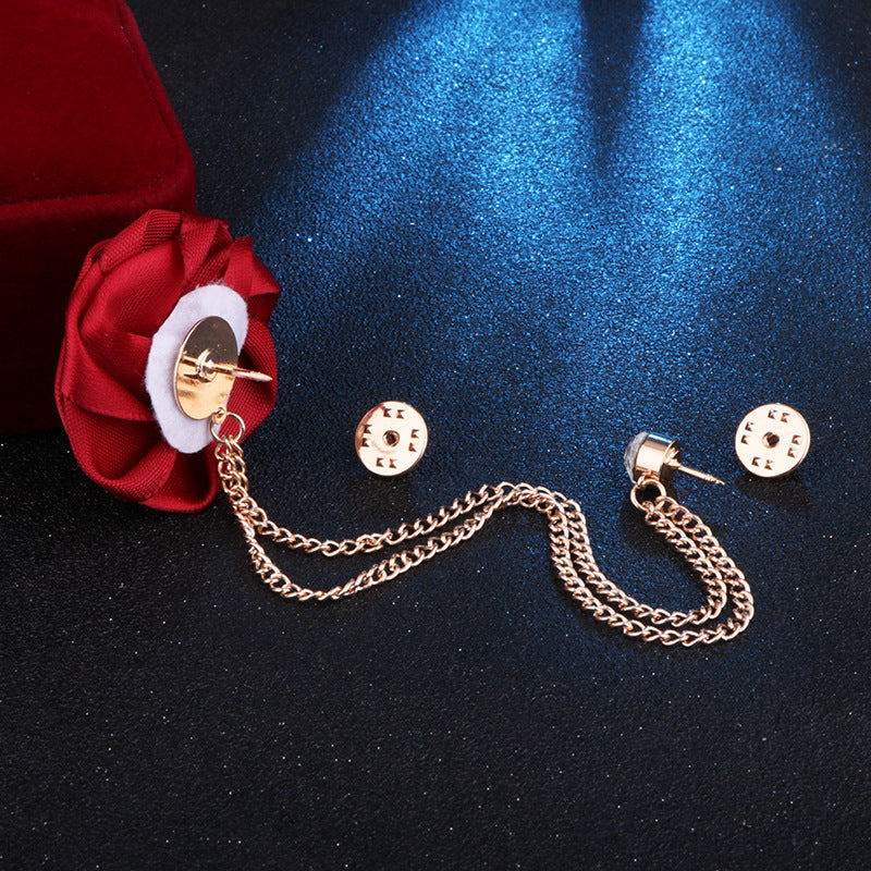 Men's rose double chain tassel lapel pin, rose brooch for groom and best man