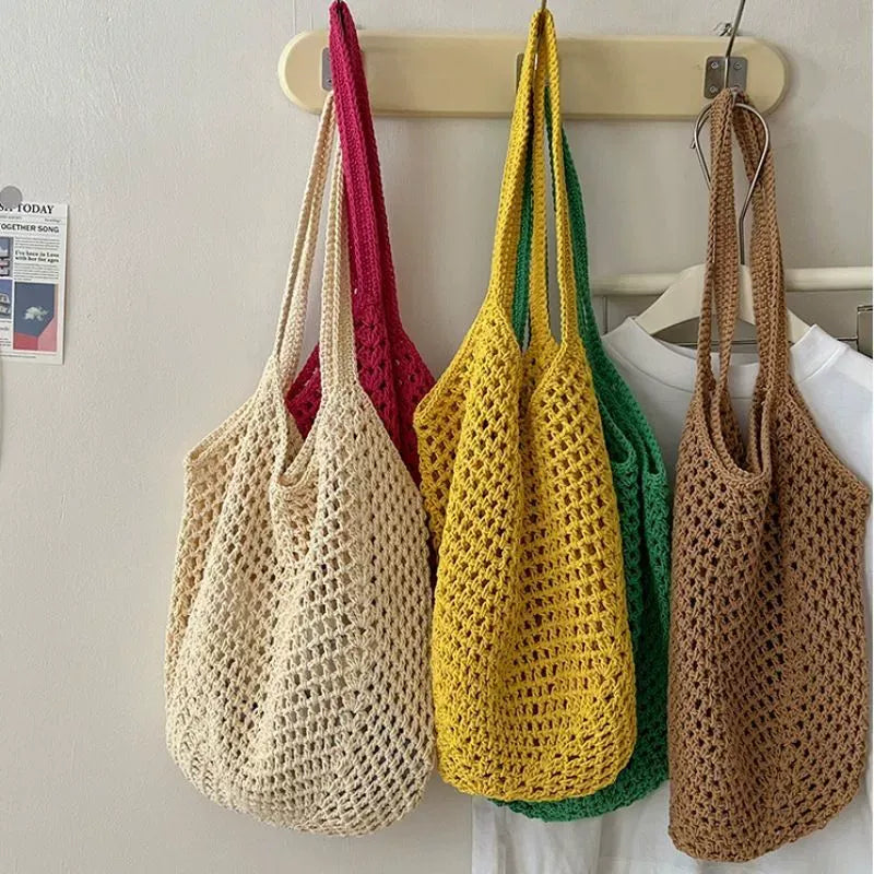 Bohemian Mesh Crochet Tote Bag - Slouchy Handwoven Cotton Knit Shoulder Purse & Beach Net Bag