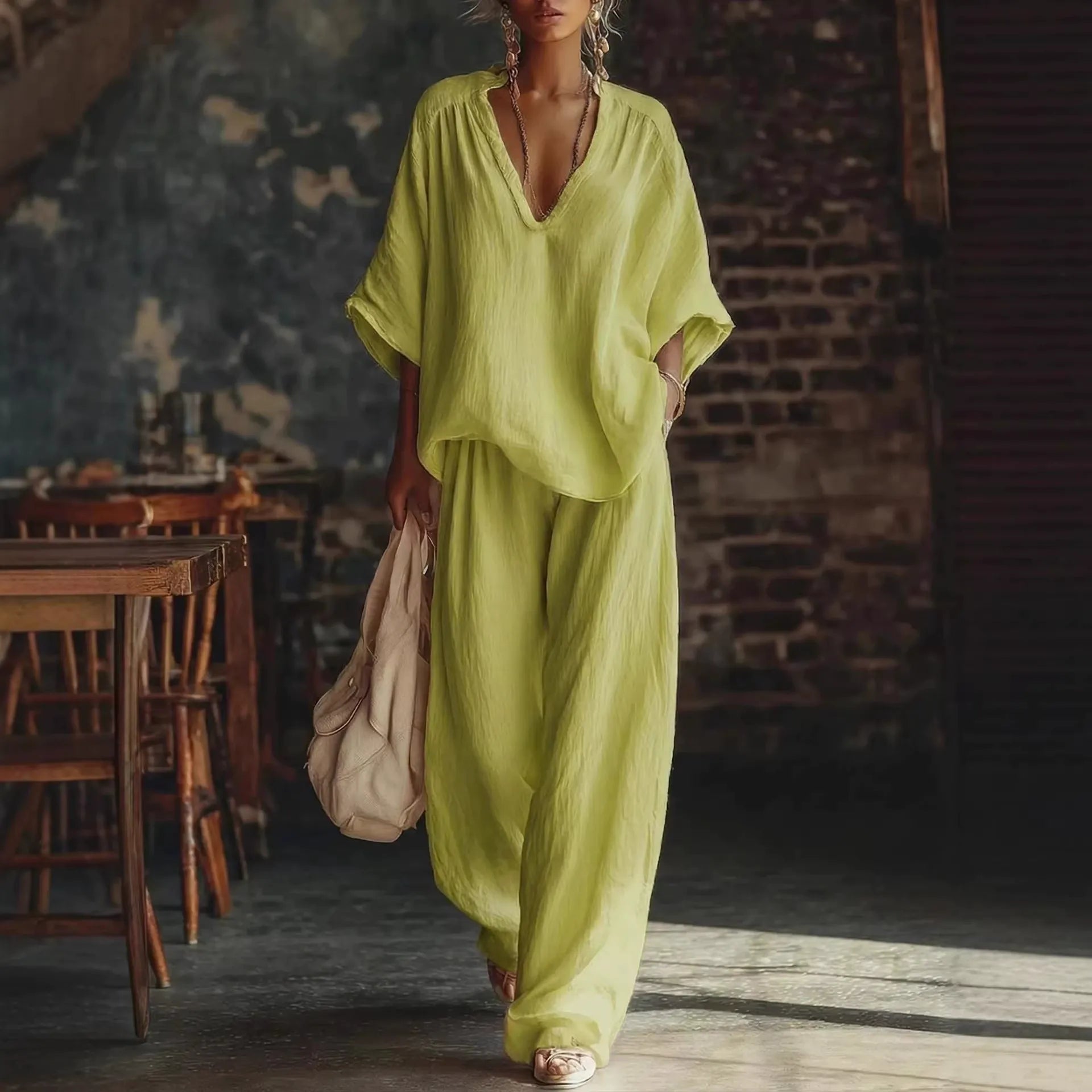 Ensemble d'été Bohème Chic pour Femme – Top ample à manches chauve-souris et Pantalon Palazzo Fluide, Tenue deux pièces de style station balnéaire, aux couleurs vives